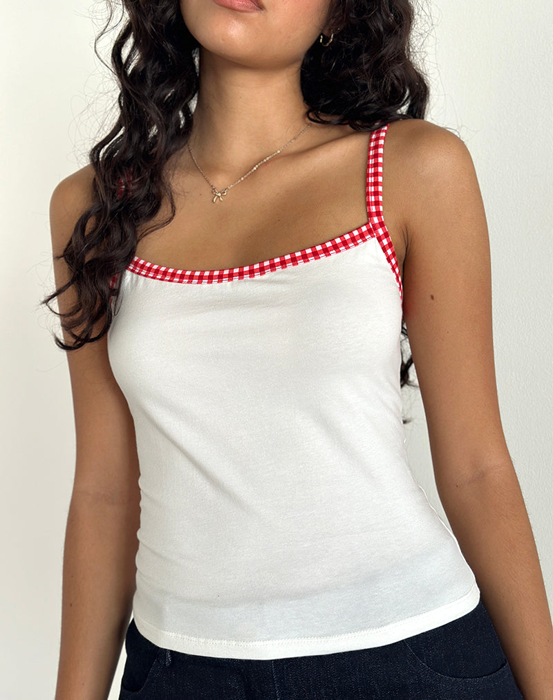 Immagine di Ilisna Top in bianco sporco con bordatura in percalle rosso
