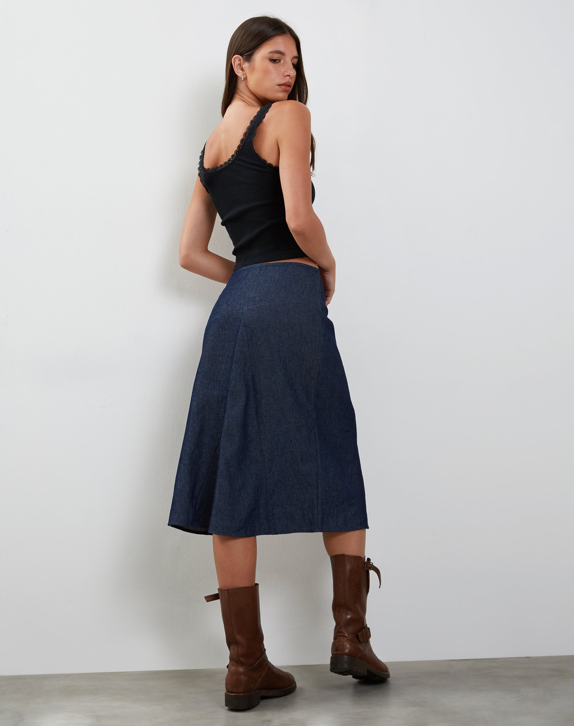 immagine di Imbrella Denim Midi Skirt in Indaco Scuro