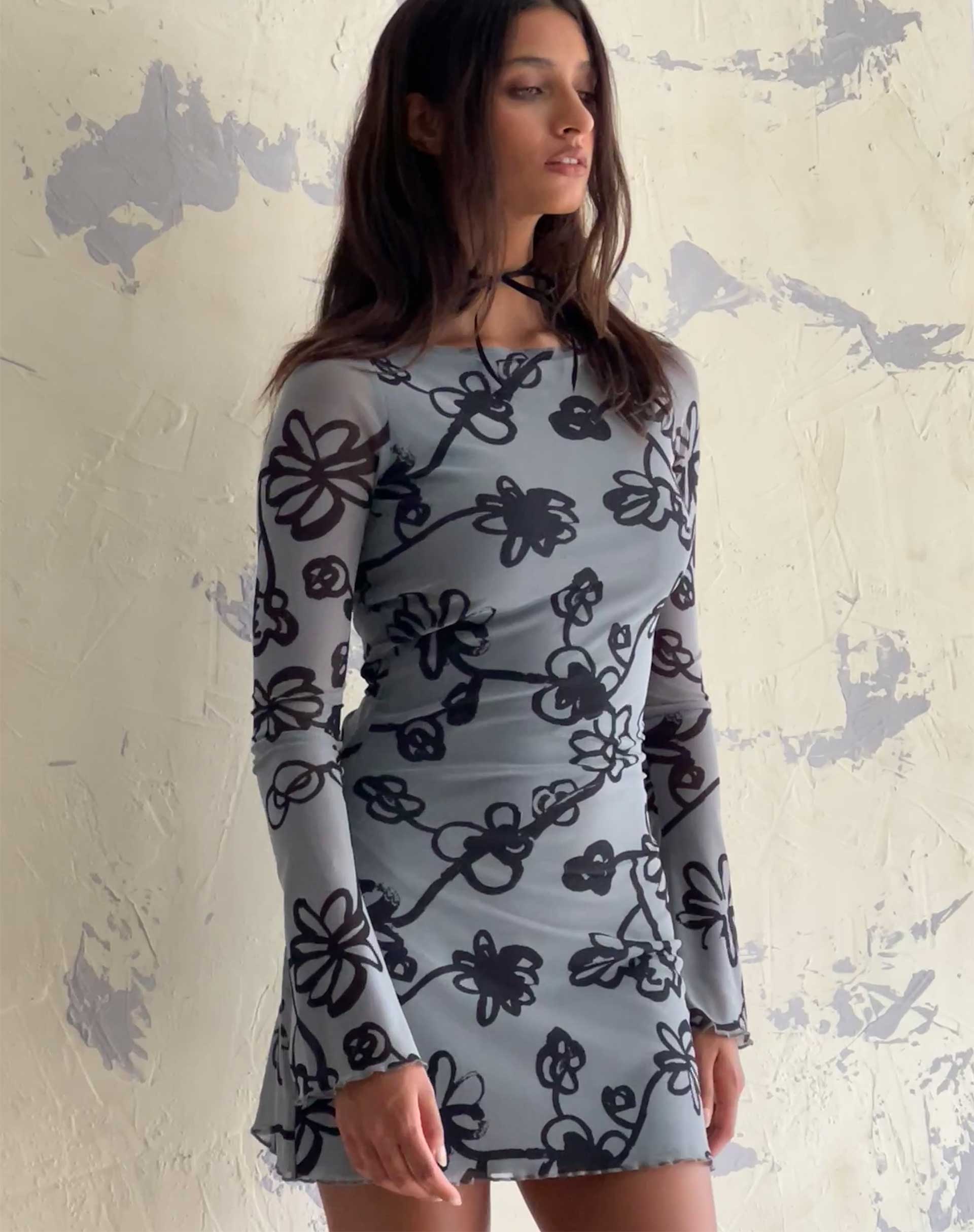 Immagine di Sevila Mini Dress in Mesh Doodle Flower Grigio