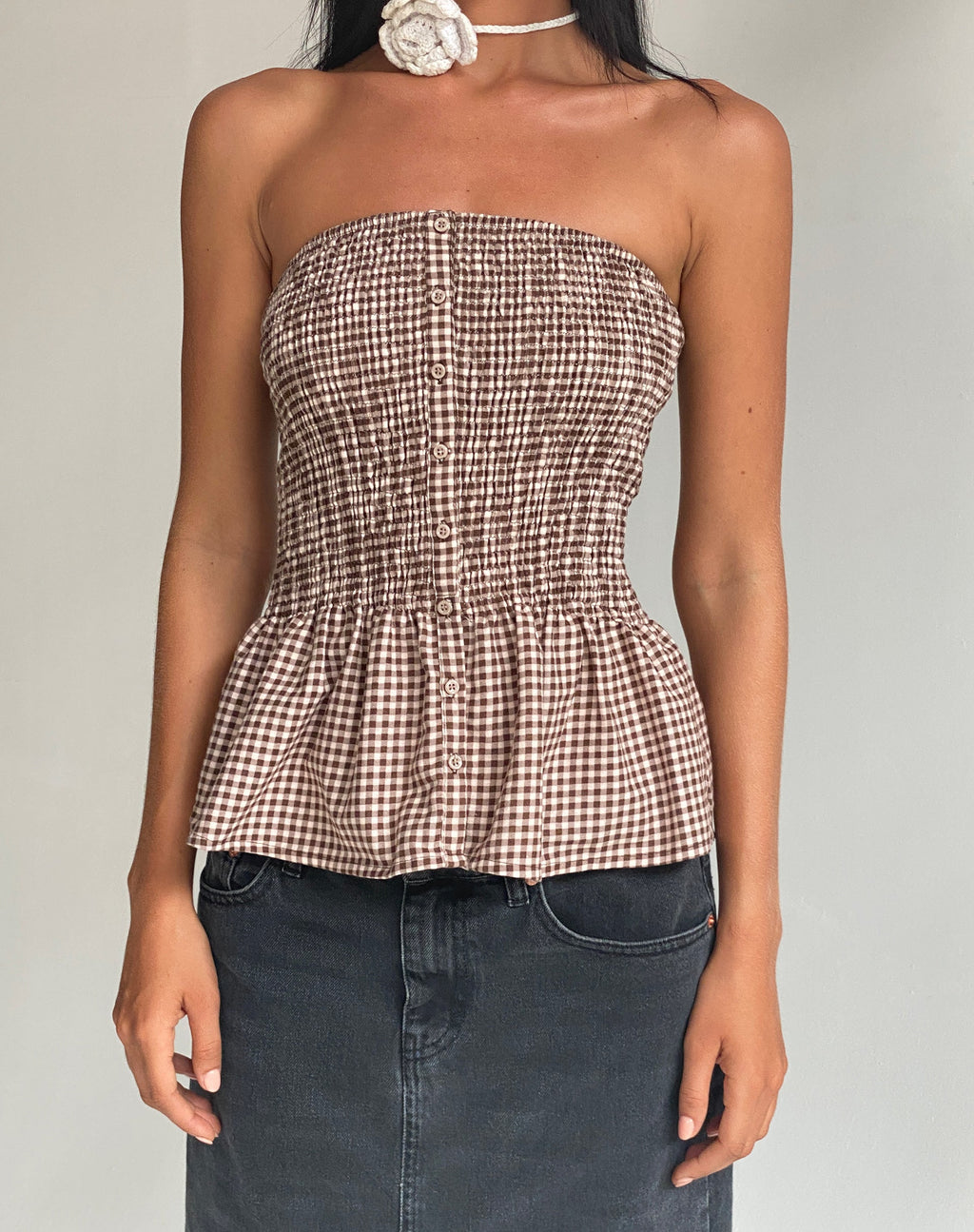 Soter - Top a fascia arricciato in mini gingham
