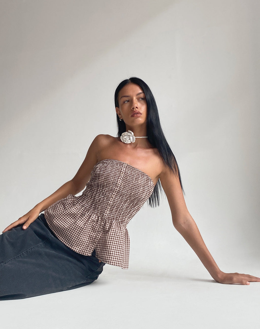 Soter - Top a fascia arricciato in mini gingham