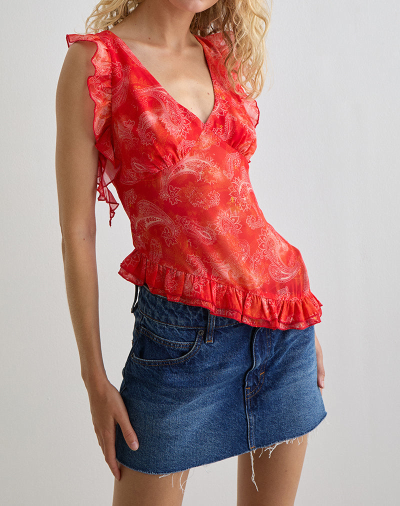 Immagine di Iravela Asym Top in chiffon paisley rosso