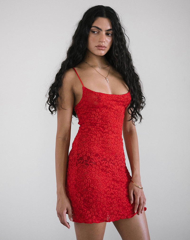 immagine di Ismene Mini Dress in pizzo sfoderato rosso