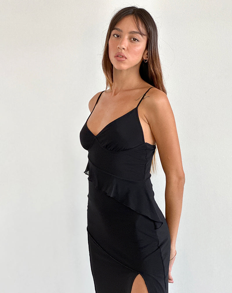 immagine di Jacy Ruffle Midi Dress in maglia nera