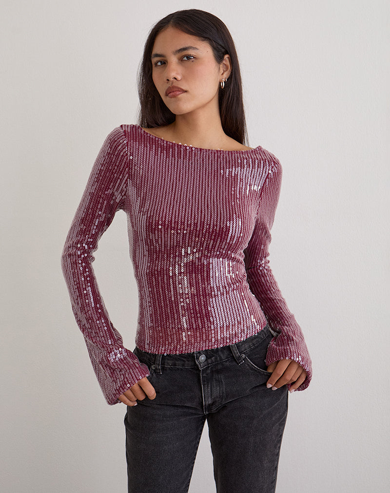 Jalwa Long Sleeve Top in Sequin Maroon