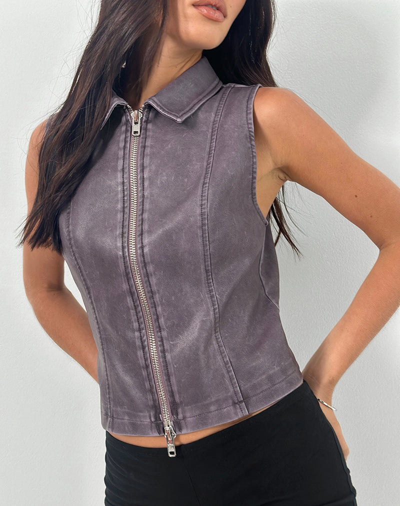 Immagine di Janae Gilet Top in PU Distressed Washed Plum