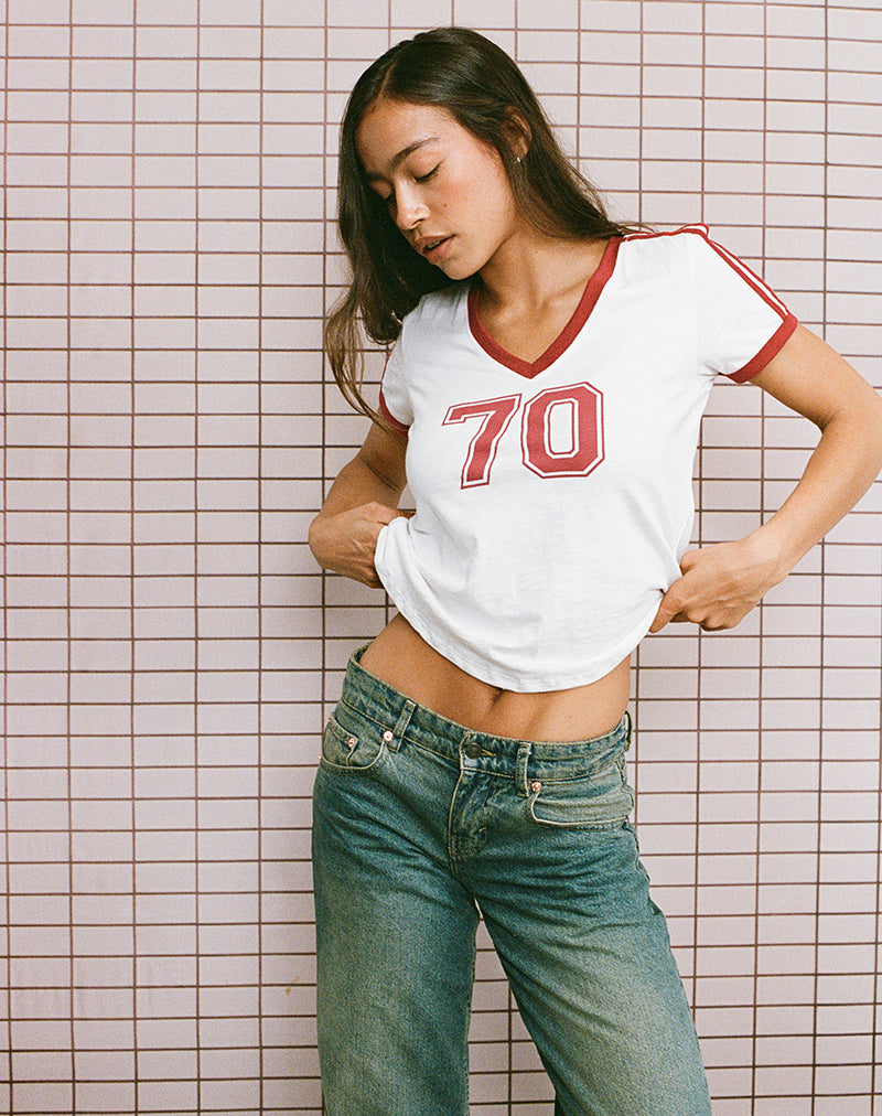 Top Janan in bianco sporco con rilegatura in rosso Adrenaline