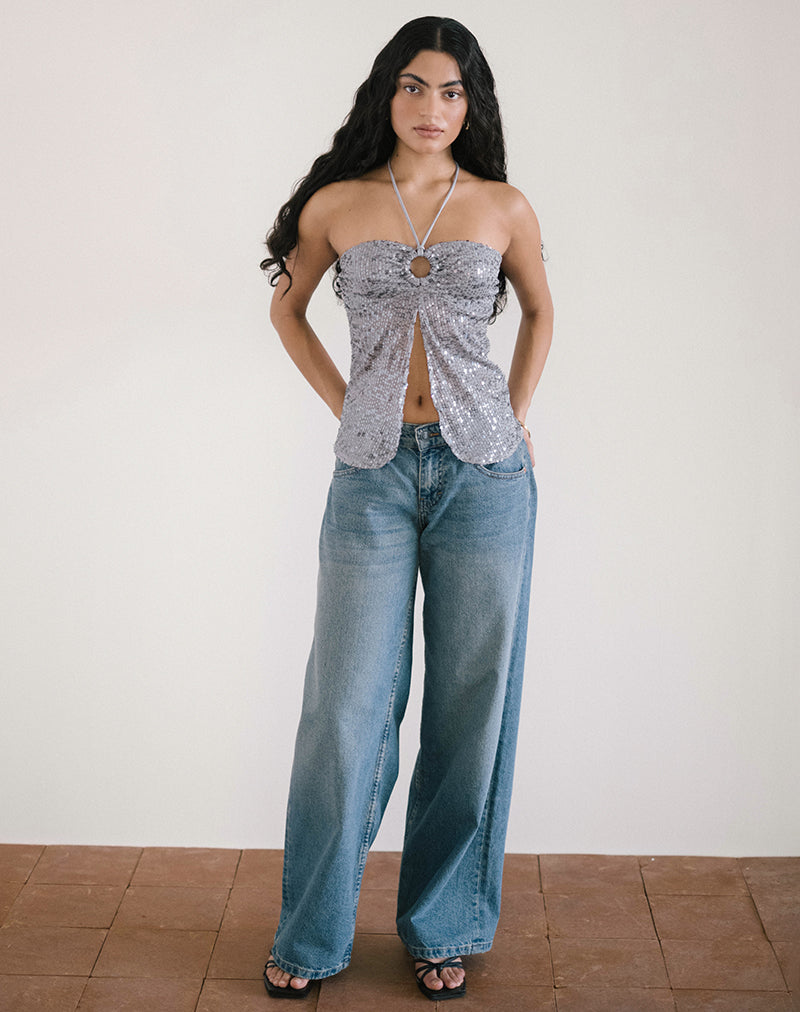 Janar - Top con scollo a mezzaluna in paillettes argento