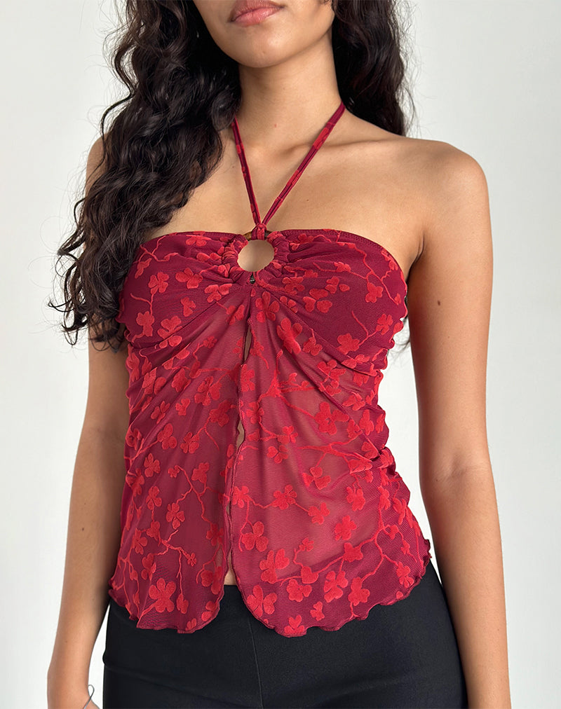 Immagine di Janar Top a collo alto in Grunge Flower Flock Rosso
