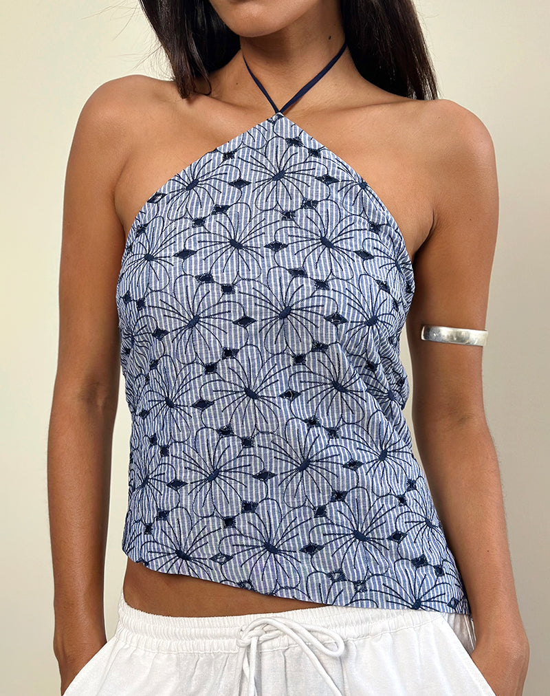 Janisa - Top con collo alto a righe blu e fiori