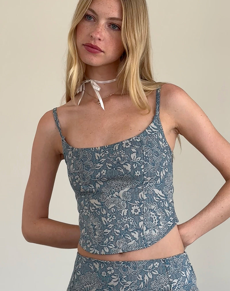 Top corsetto Jatemi con stampa ornata blu