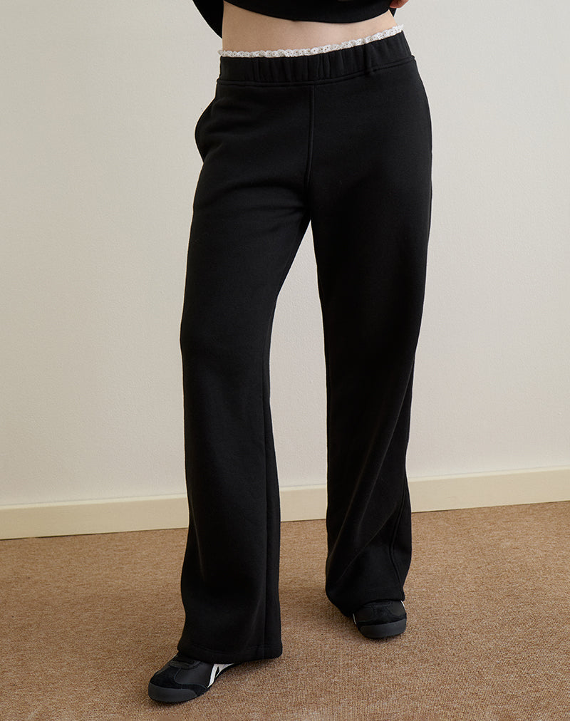 Jenita Loose Jogger in nero con finiture in picot bianco