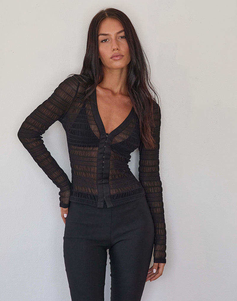 Jichan - Top con maniche lunghe increspate in mesh nero