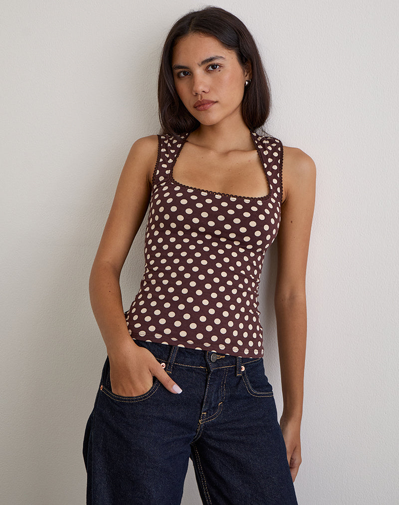 Immagine di Jinalo Top a cuore in marrone con piccole stampe a pois crema