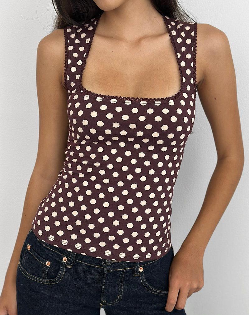 Immagine di Jinalo Top a cuore in marrone con piccole stampe a pois crema