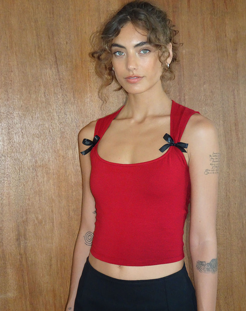 Immagine di Jiniso Crop Top in rosso adrenalinico con fiocchi neri