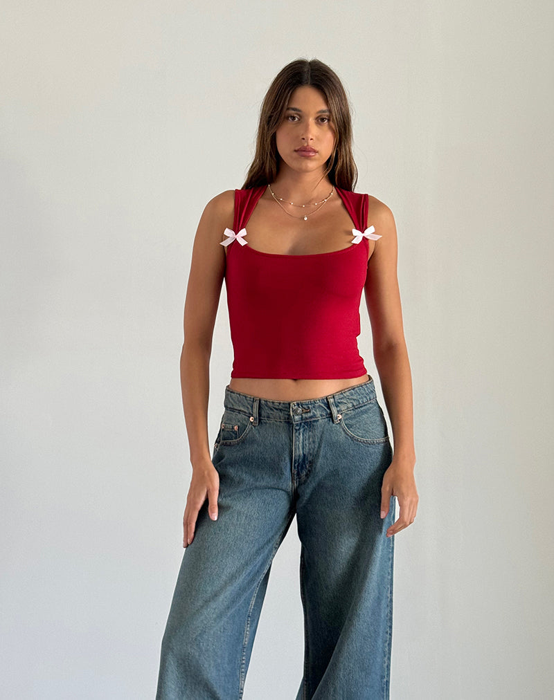 Immagine di Jiniso Crop Top rosso adrenalina con fiocchi rosa