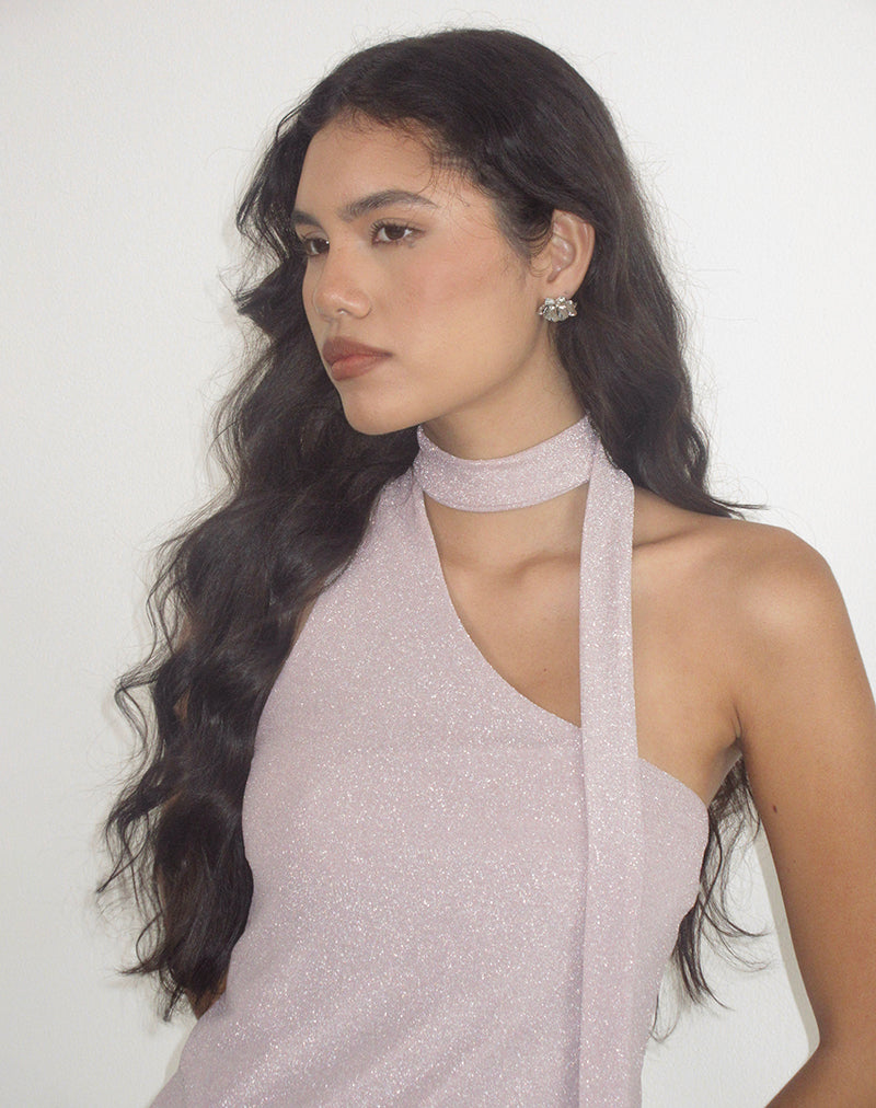 Immagine del vestito Joanka con scollo a cravatta in rosa lurex scintillante
