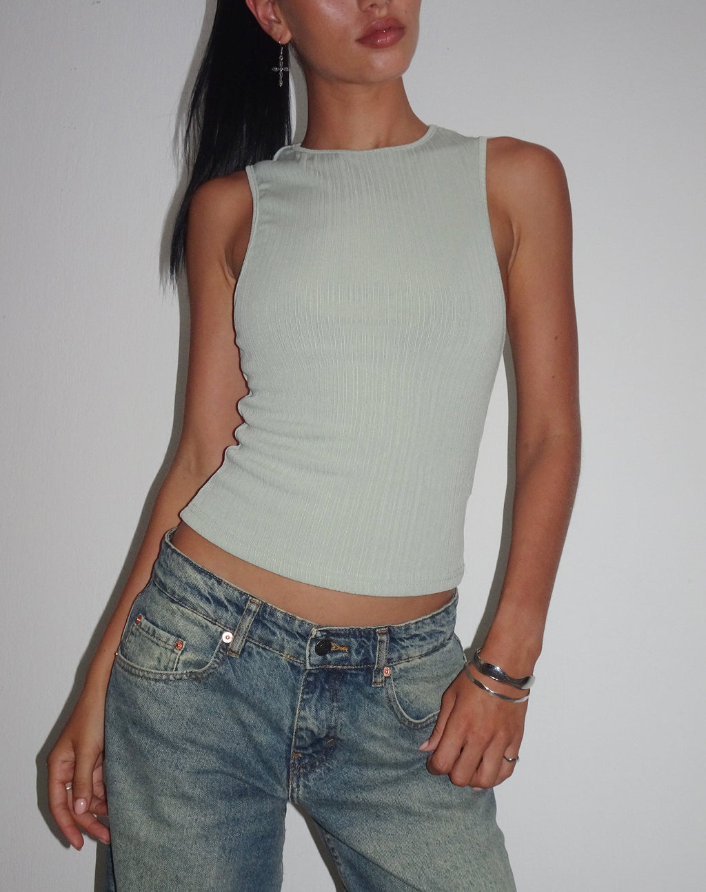 Jordin - Top a collo alto in jersey a coste color menta