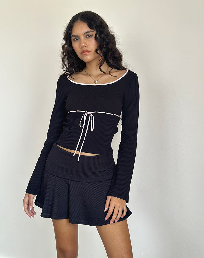 Juhye - Top lavorato a maglia nero con bordatura rosa