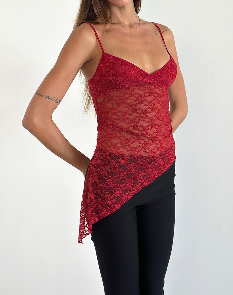 Kacha - Top asimmetrico in pizzo Mari Rosso