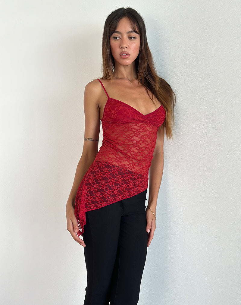 Kacha - Top asimmetrico in pizzo Mari Rosso