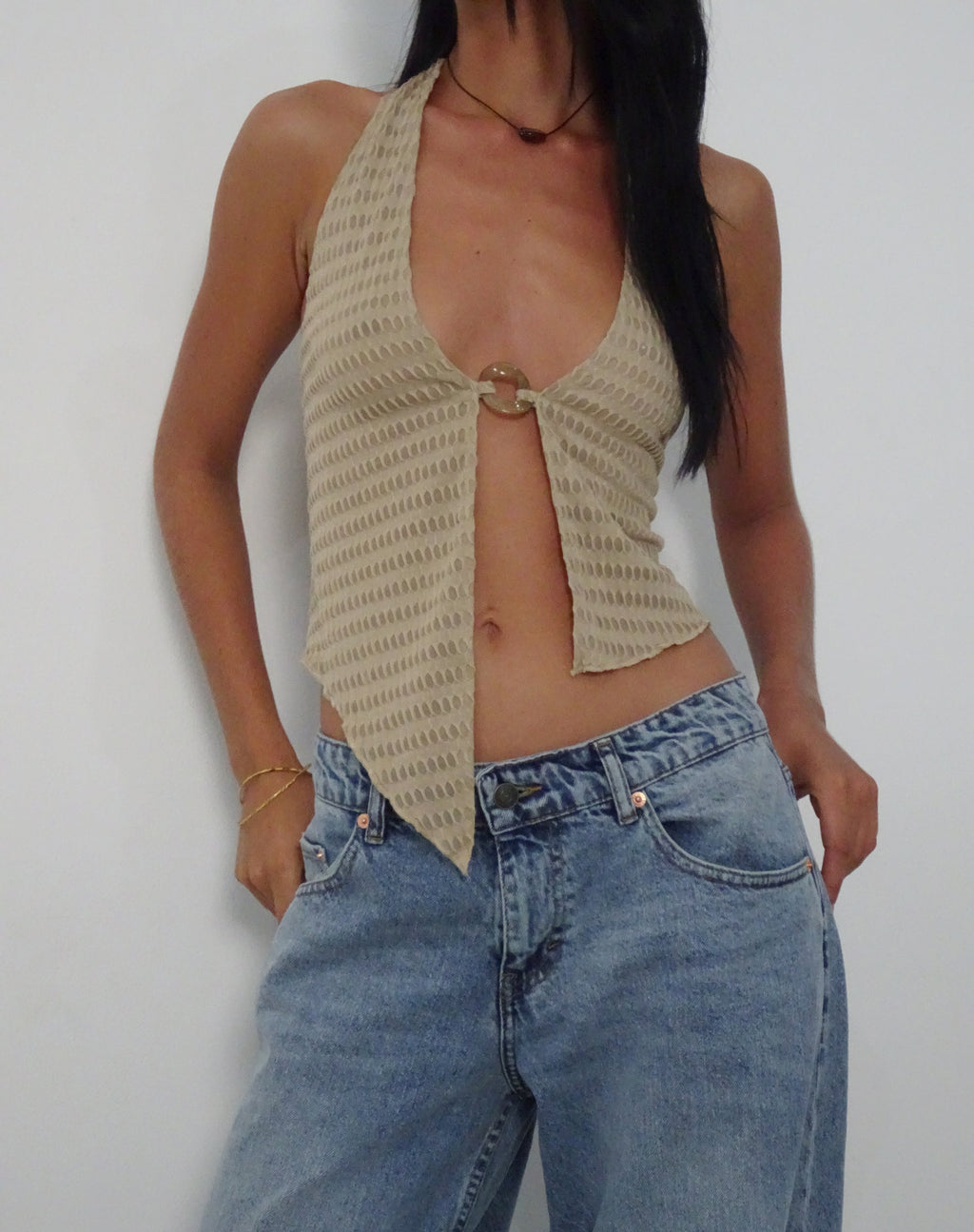 Kacie - Top a farfalla con scollo a farfalla in maglia waffle - avena