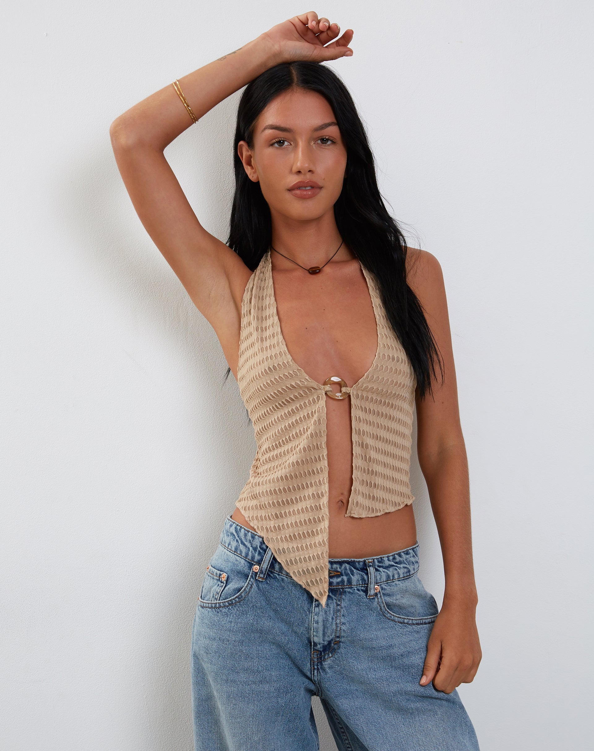 Immagine di Kacie Waffle Knit Halterneck Butterfly Top in Oat