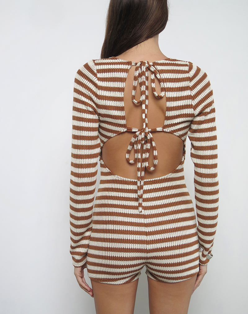 Immagine di Kaipo Tie Back Playsuit in marrone avorio a righe