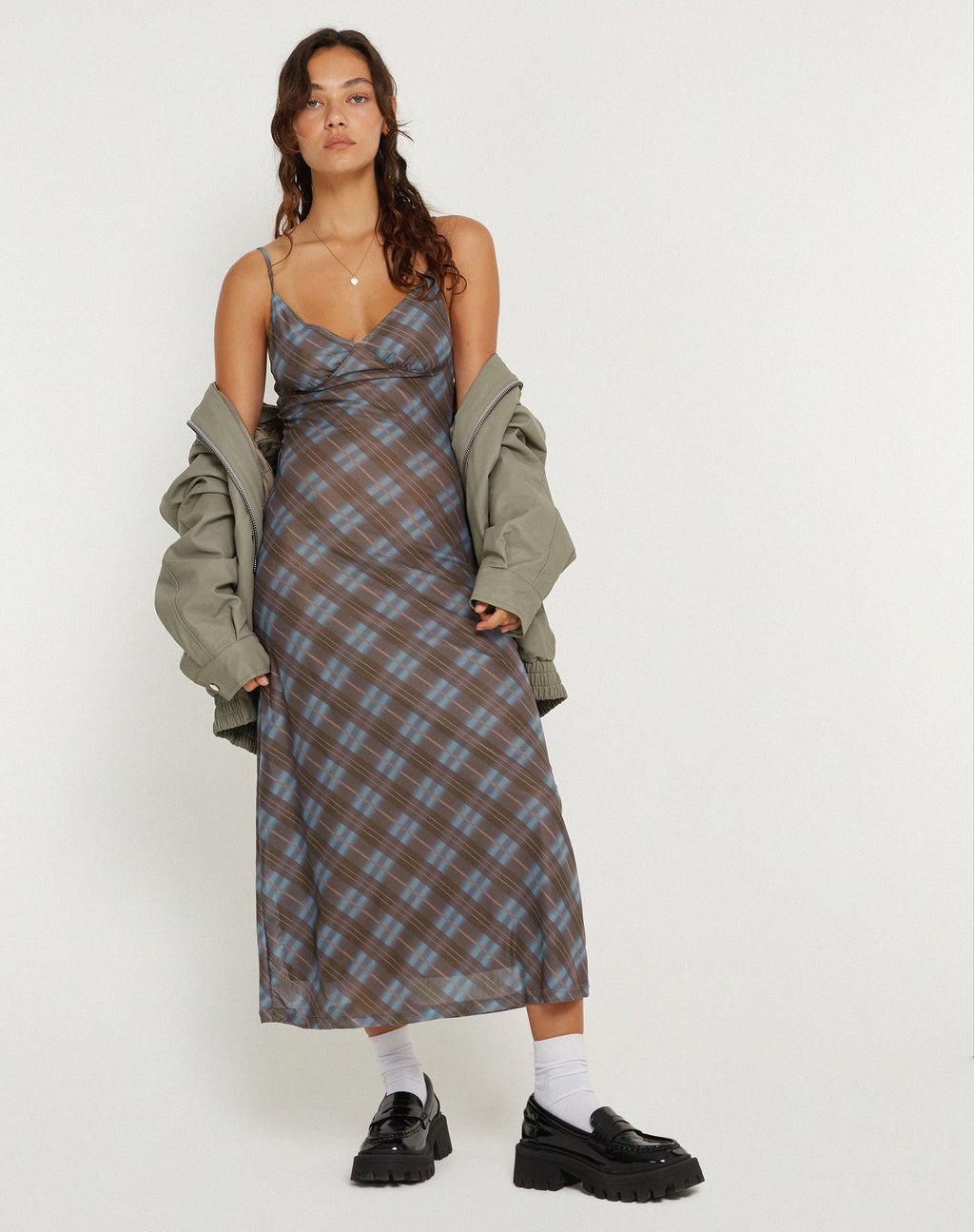 Kalana - Vestito midi in verde a quadri sfumati oliva scuro