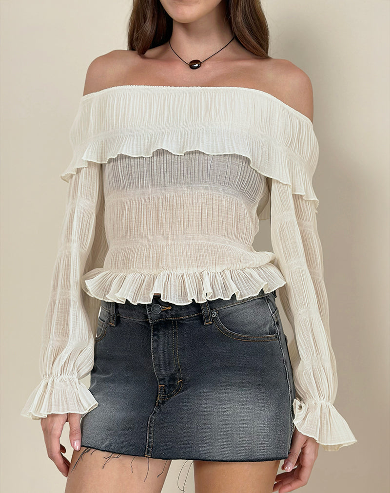 Immagine di Kalena Top Bardot a maniche lunghe in chiffon Plisse Avorio