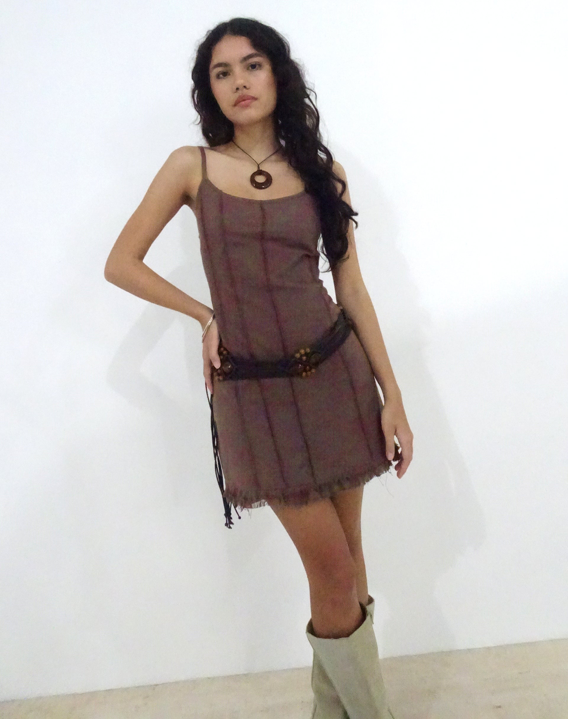 Immagine di Kaneisa Pintuck Mini Slip Dress in Deep Taupe