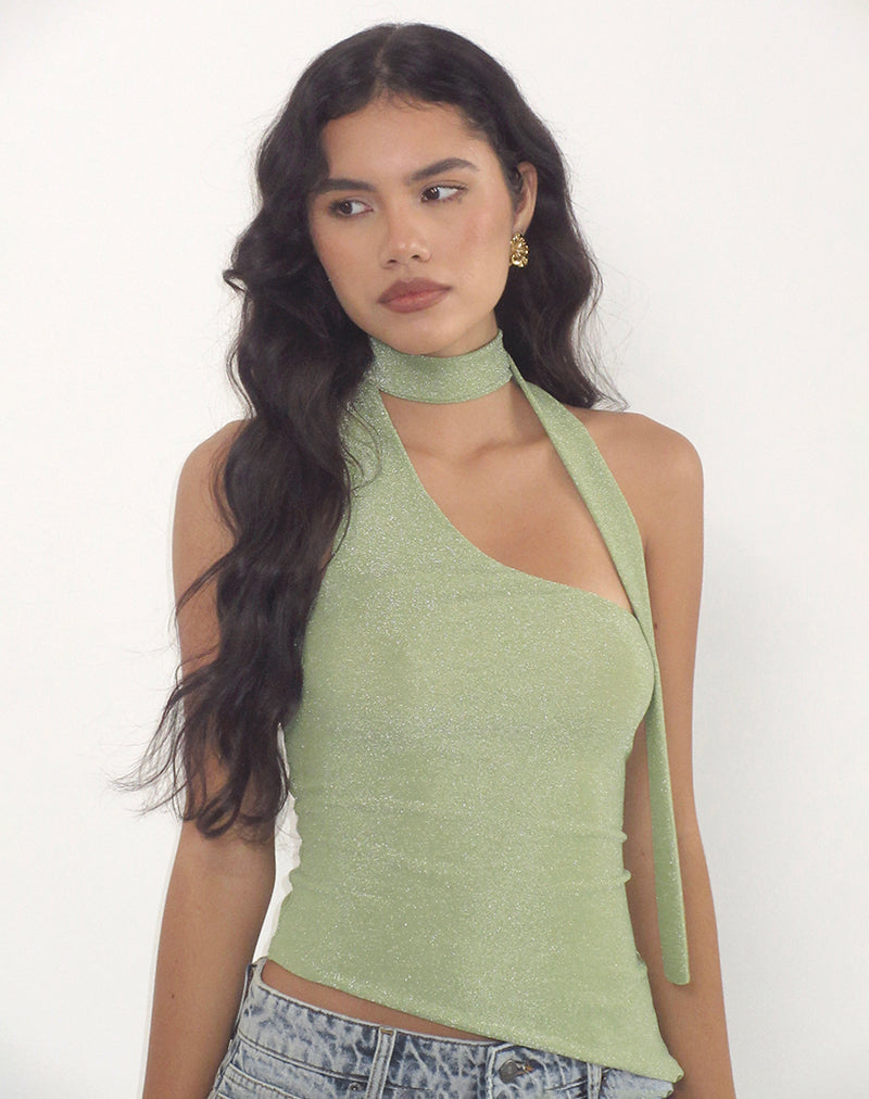 Immagine di Karasi - Top con scollo a cravatta in lurex verde brillante