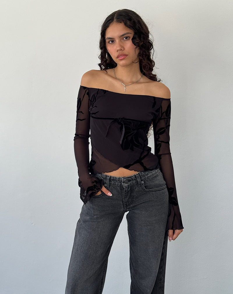 Immagine di Kareena Top Bardot a maniche lunghe in Orchid Flock Nero