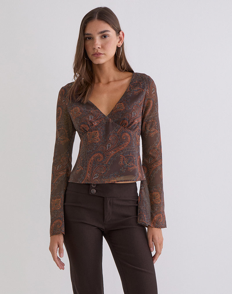 Top a maniche lunghe Karilo in chiffon Royal Paisley bordeaux