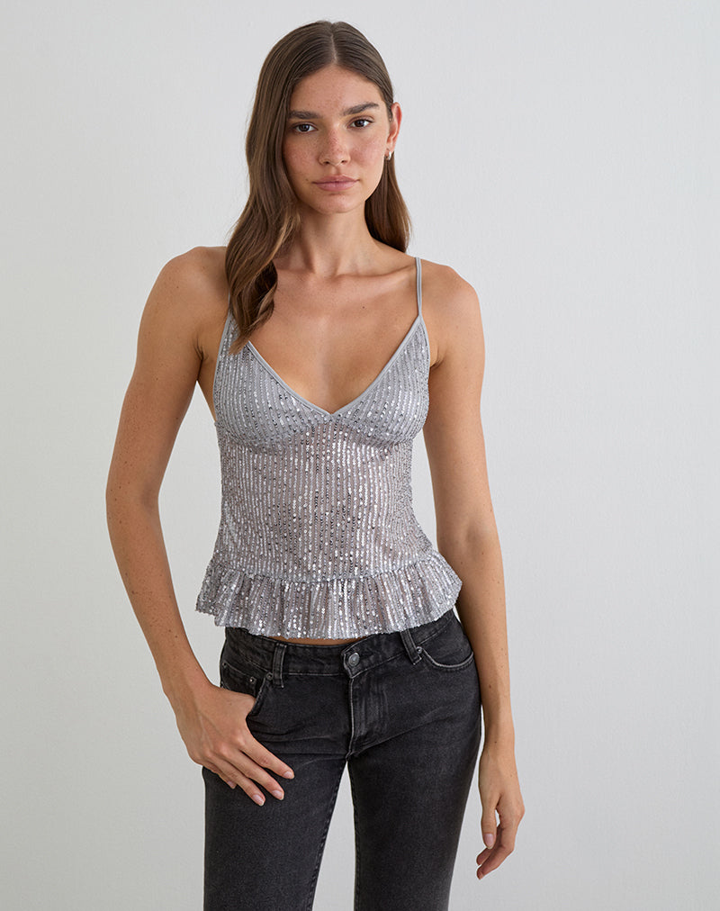 Top Karka Cami in grigio drappeggiato con paillettes