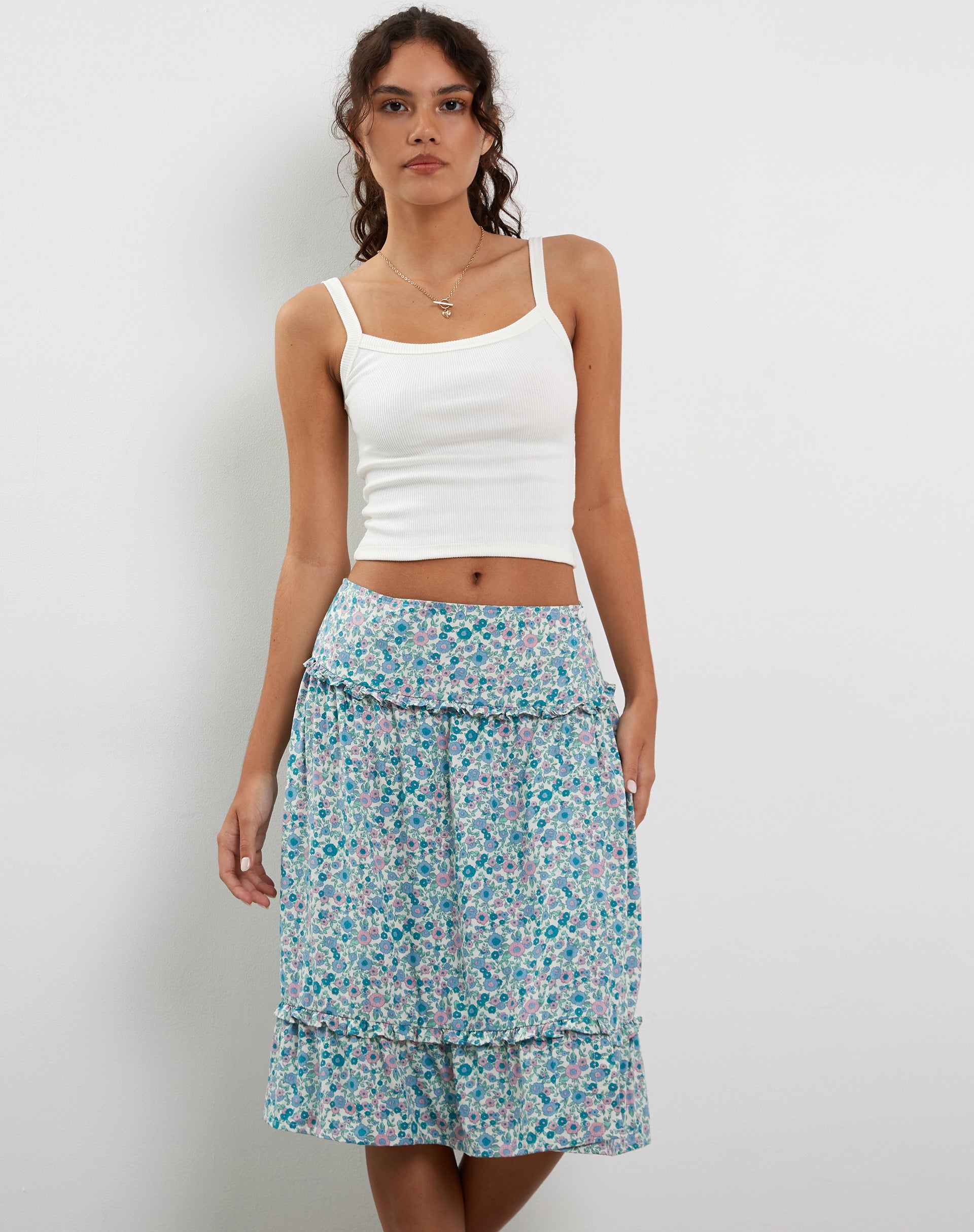 Immagine di Kasya Frill Hem Midi Wrap Gonna in Flower Power Blue