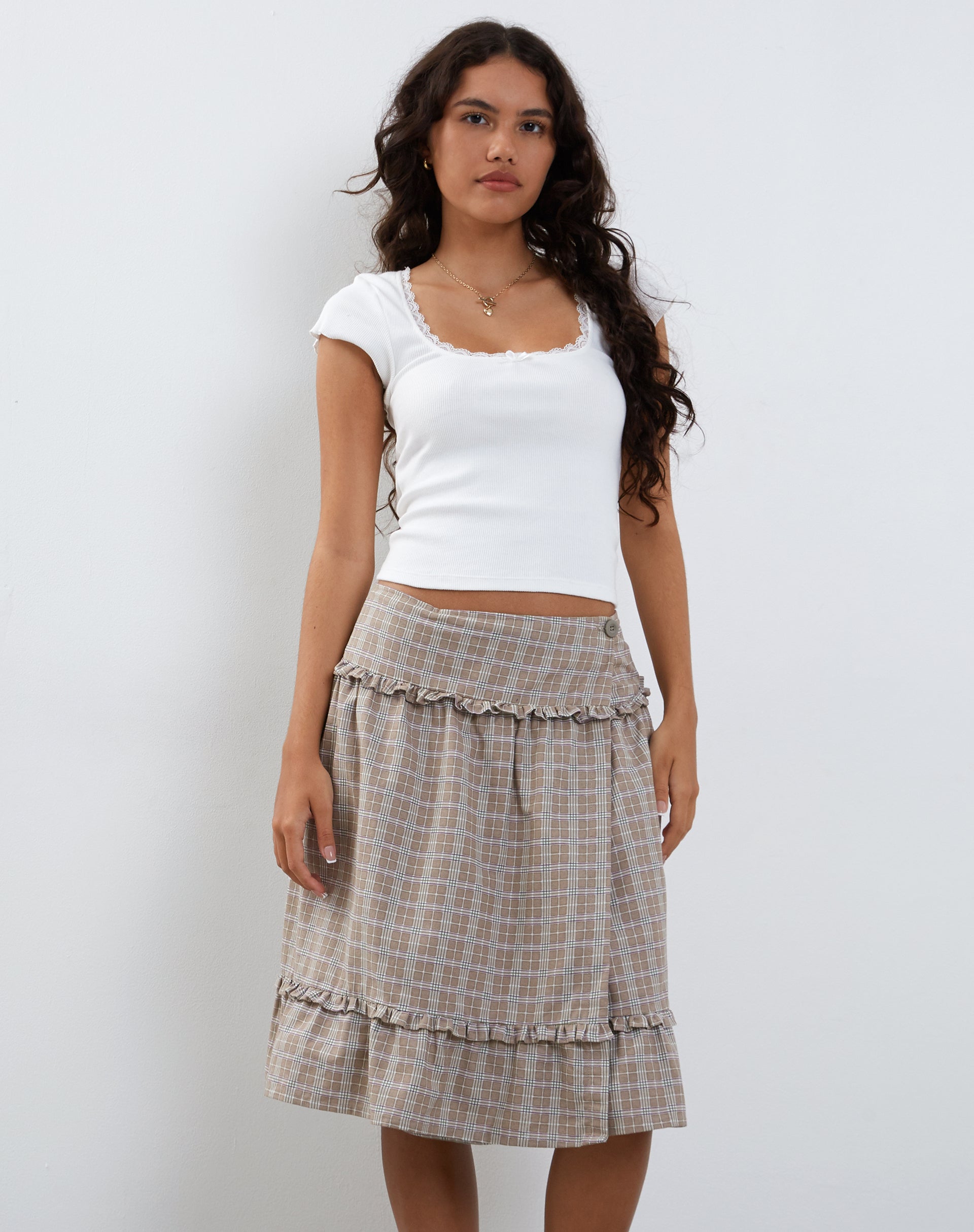 Immagine di Kasya Frill Hem Wrap Midi Skirt in Taupe Check