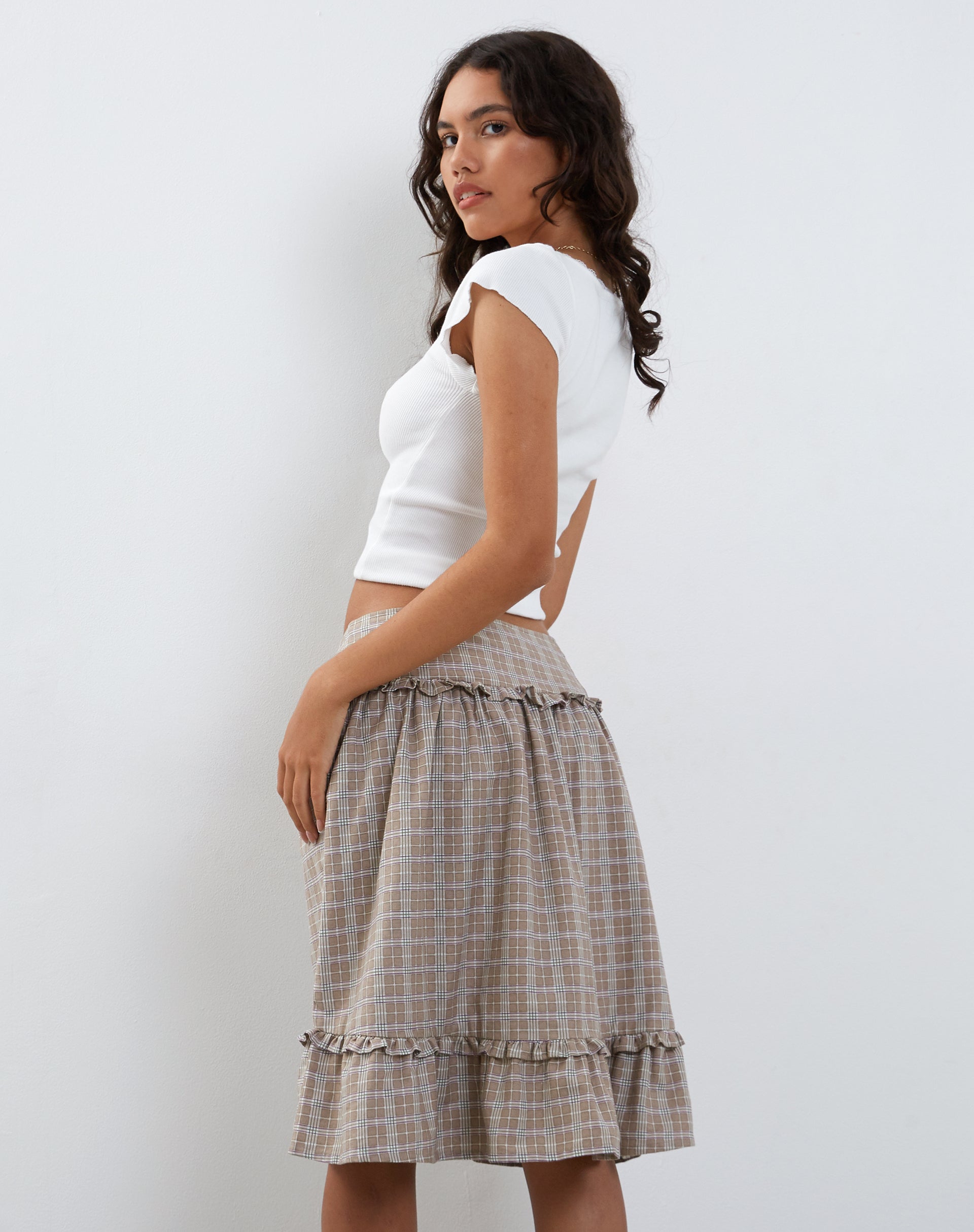 Immagine di Kasya Frill Hem Wrap Midi Skirt in Taupe Check
