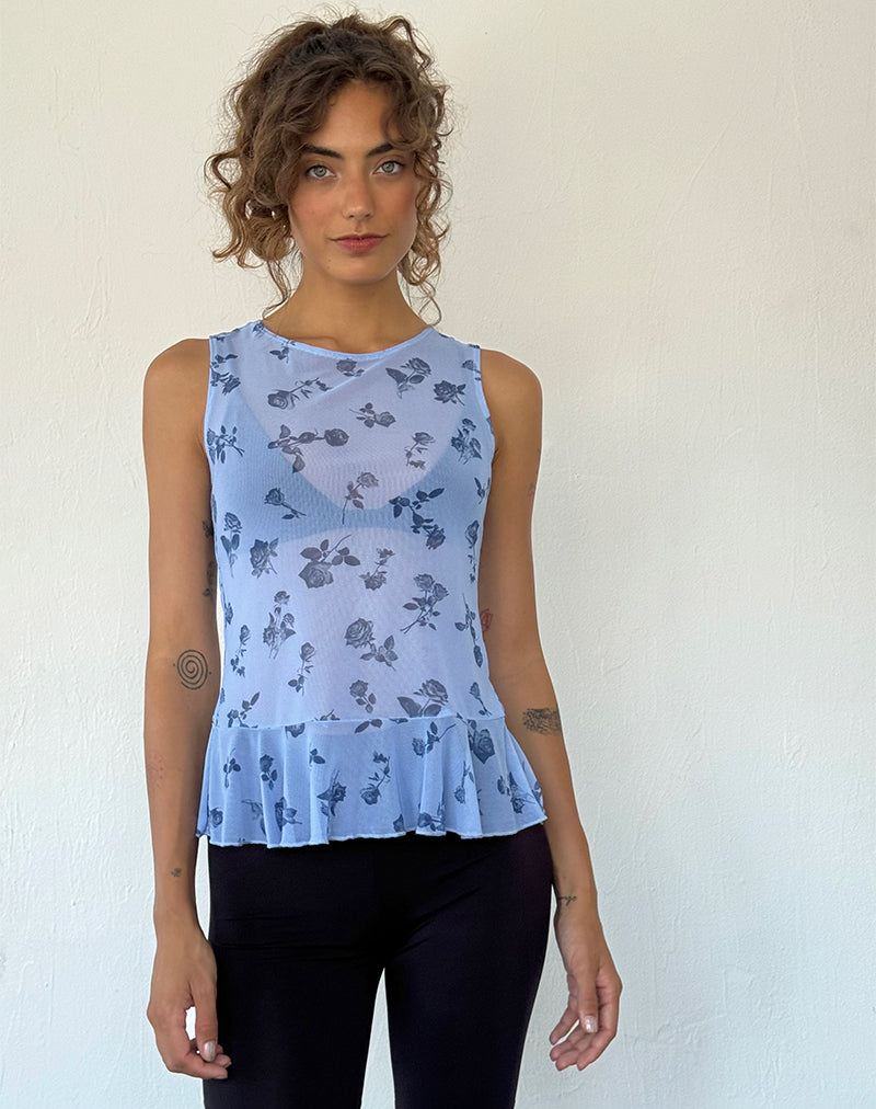Top Katnis in maglia floreale blu inchiostro
