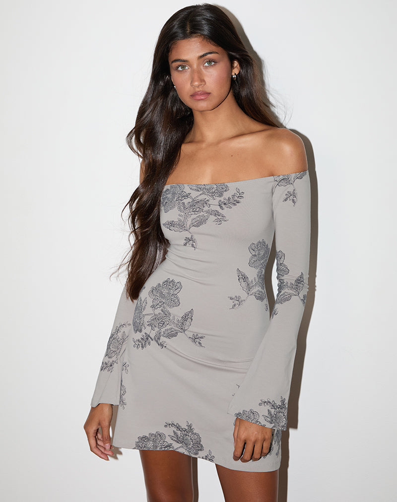 Kausar - Mini abito off shoulder in pizzo e fiori grigio