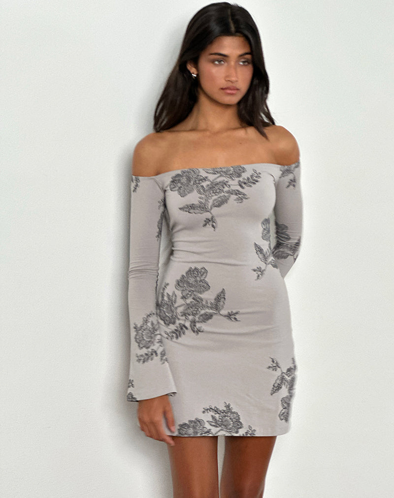 Immagine di Kausar Mini Abito Off Shoulder in Pizzo Fiore Grigio