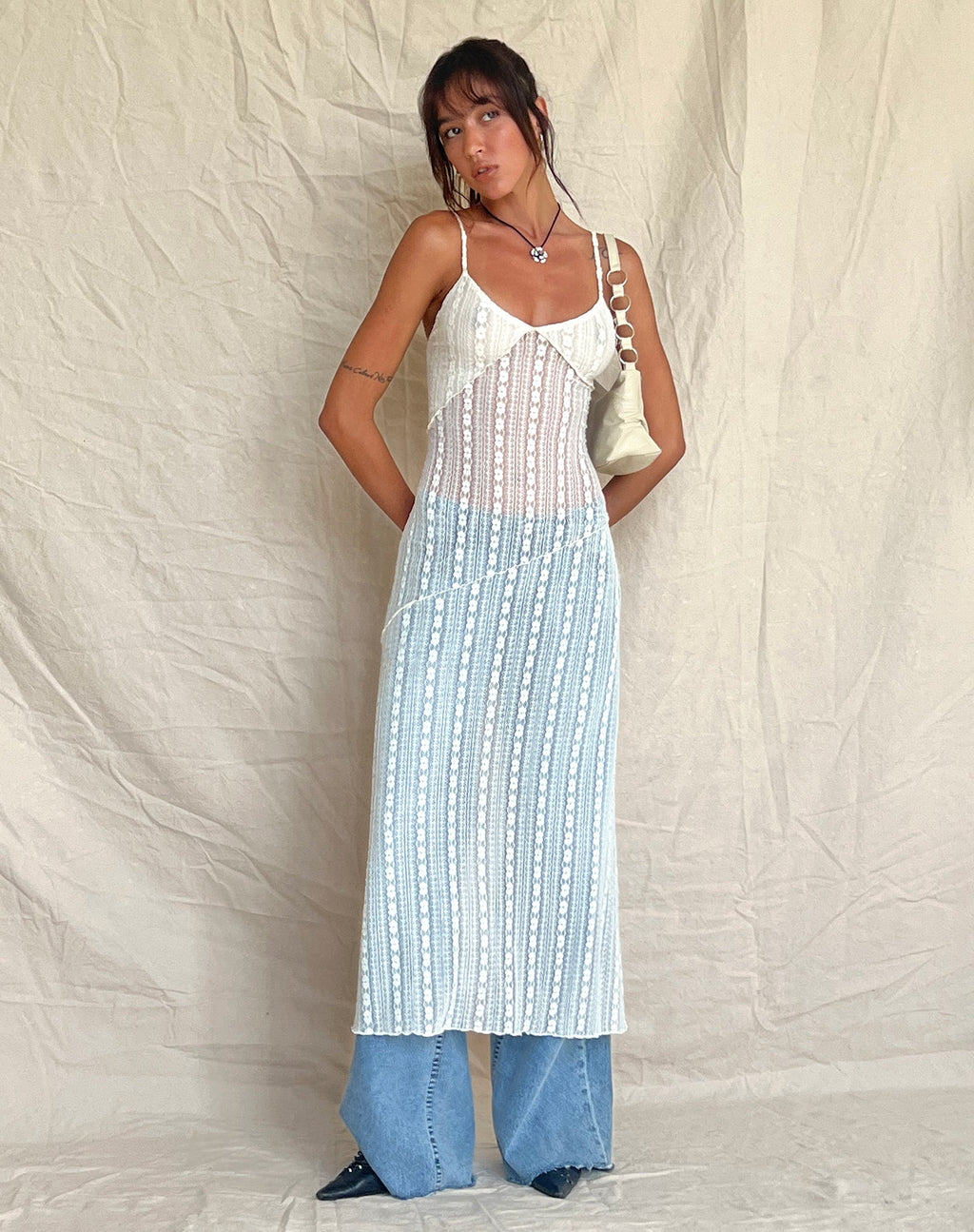 Kehlani - Vestito midi trasparente in pizzo color crema