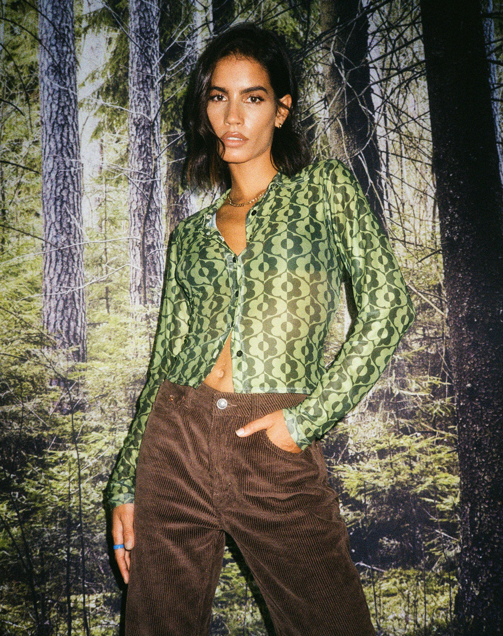 Camicia Kelly cropped in verde margherita ondulata