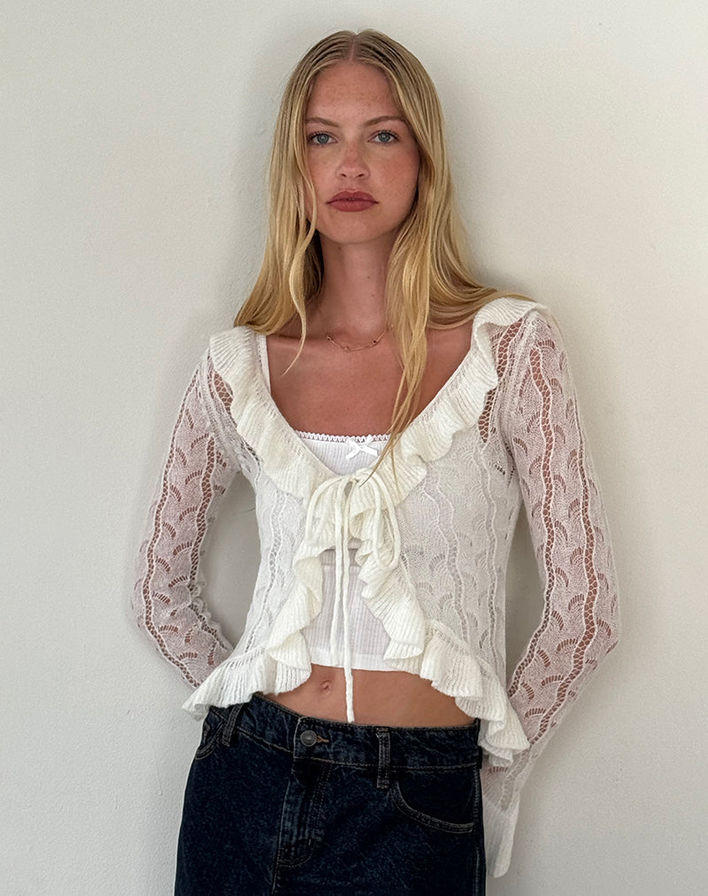 Cardigan Kenira in maglia Pointelle Crema Betulla