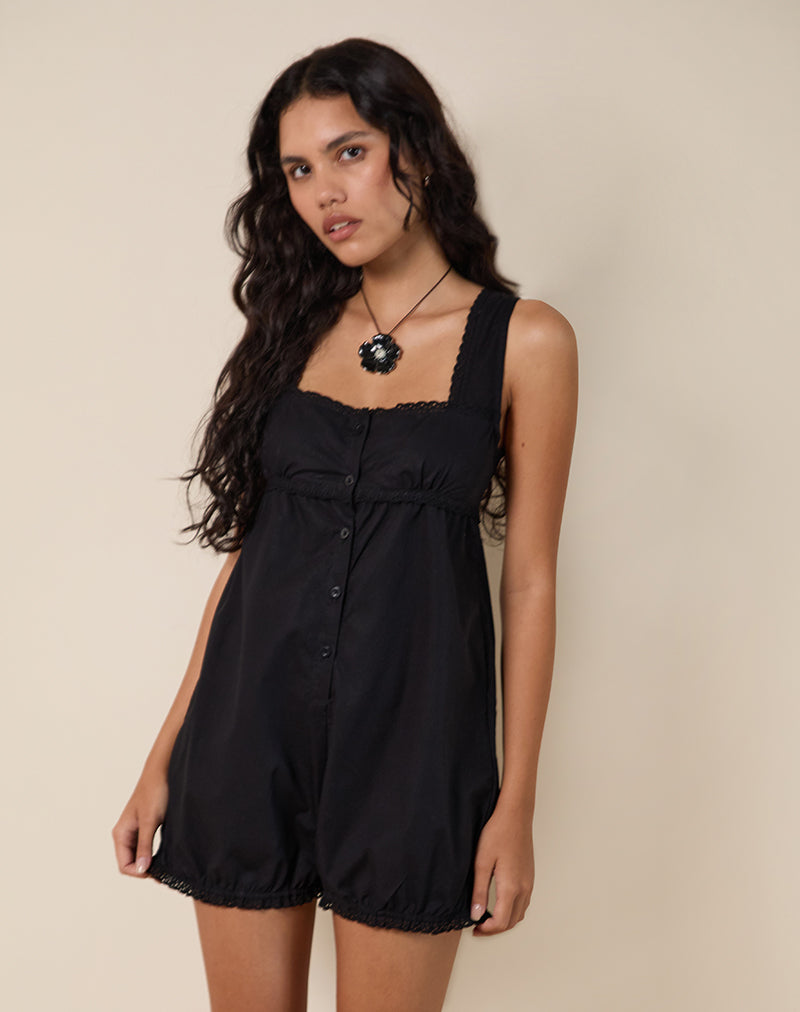 Kenna Babydoll Playsuit in Popeline nero