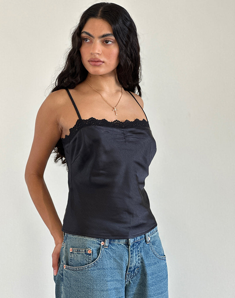 Top Kira in raso nero con pizzo nero