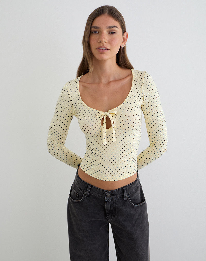 Immagine del top con maniche lunghe e laccio frontale Kline in jersey di rayon micro pois color crema