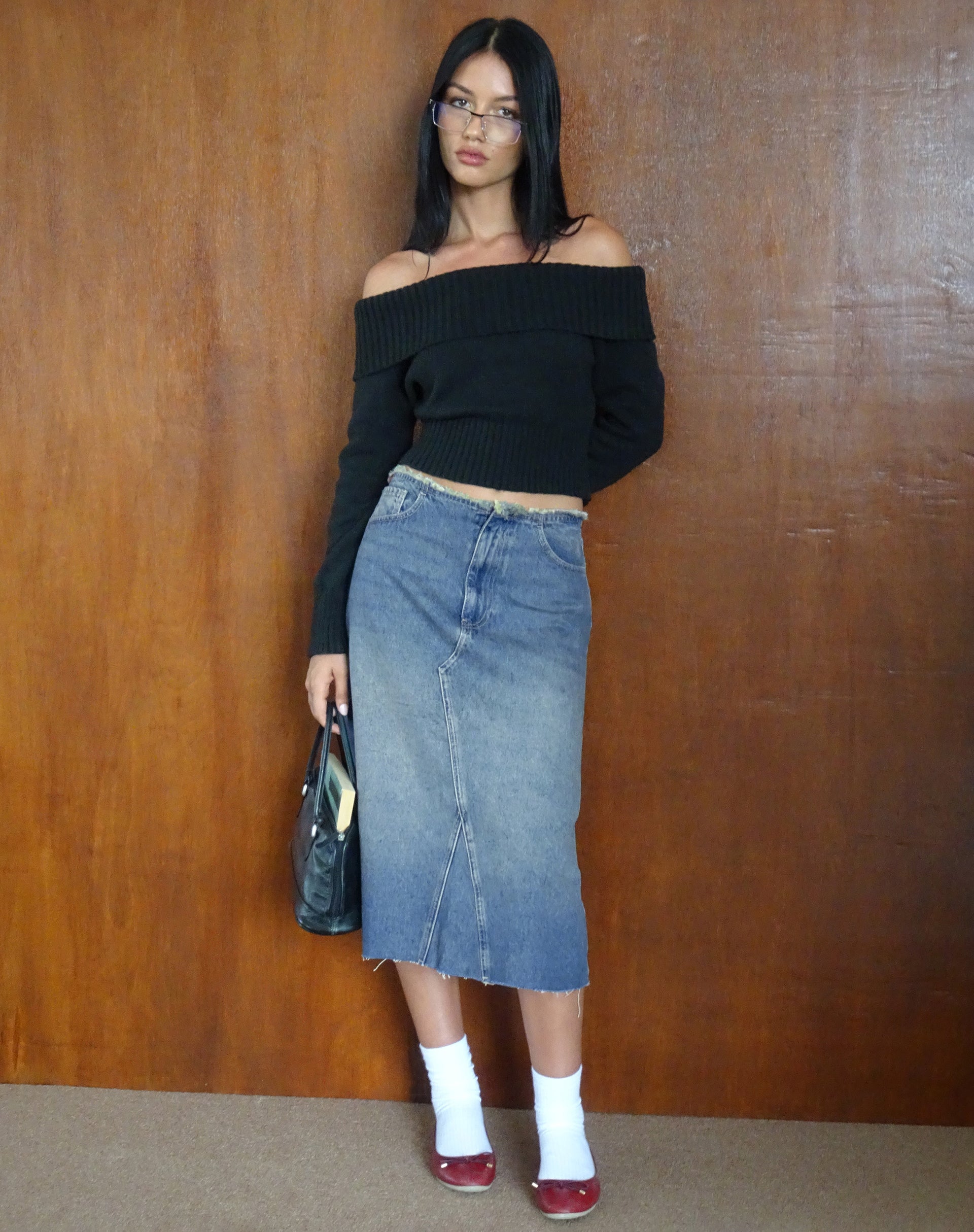 Immagine di Gonna midi di jeans a vita bassa in blu vintage verde