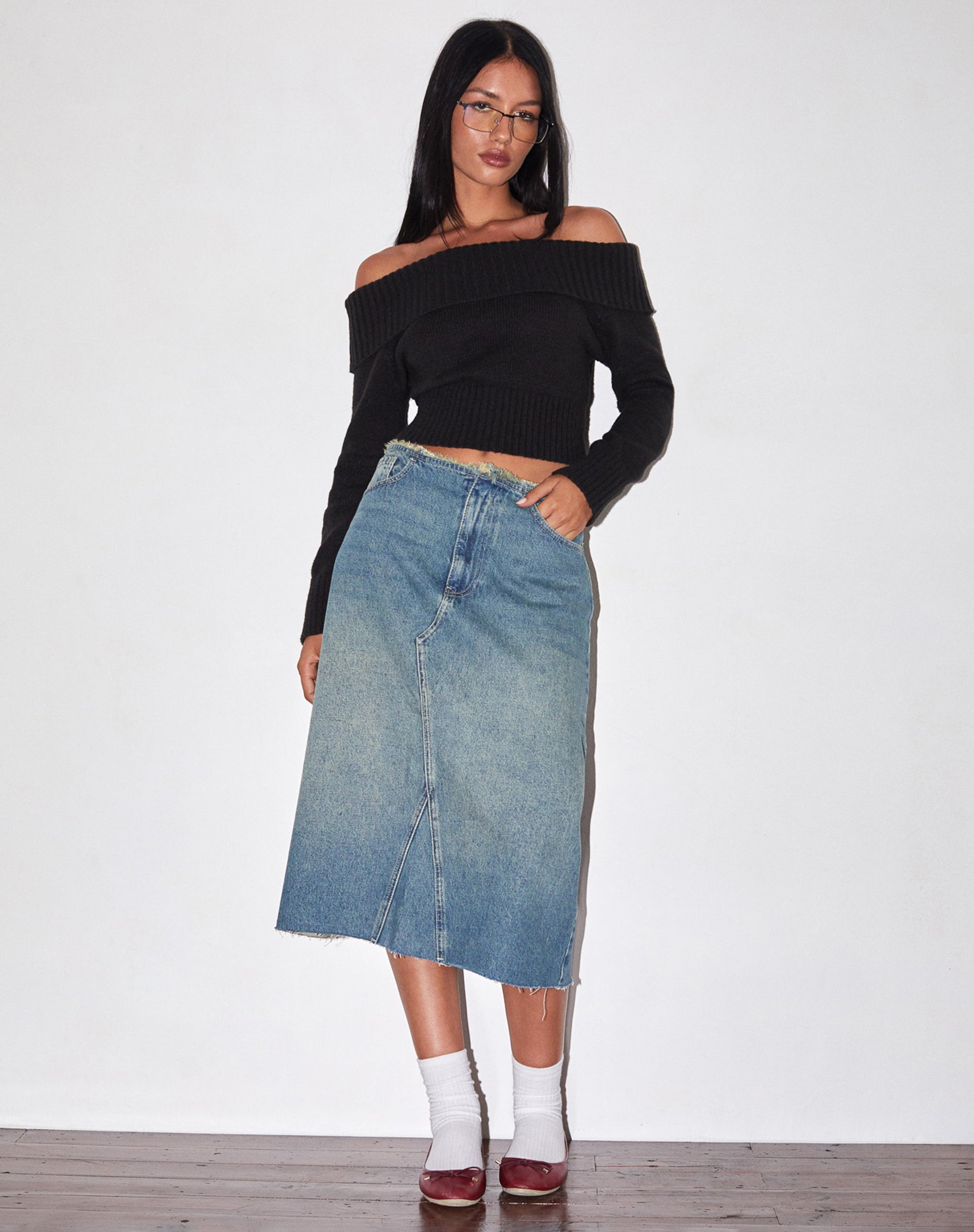 Immagine di Gonna midi di jeans a vita bassa in blu vintage verde